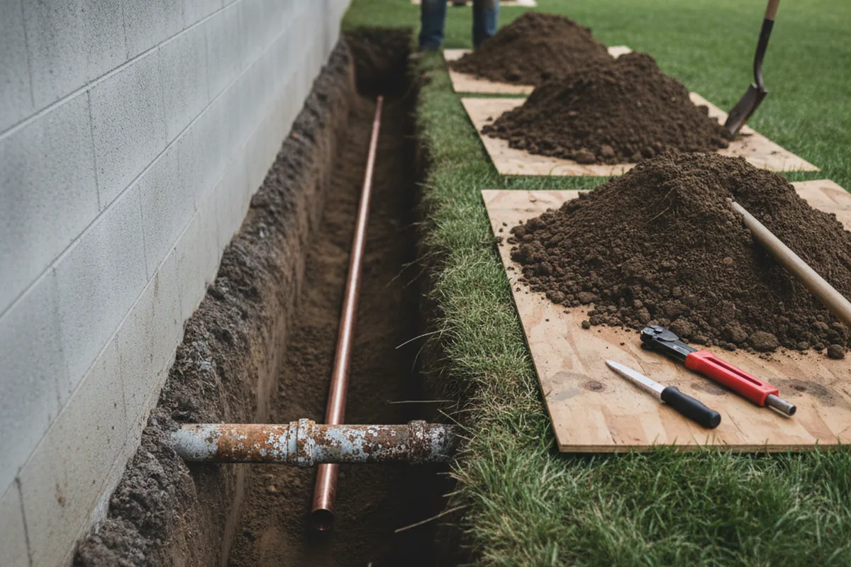 Excavated water line trench during Water Heater Repair in Limestone